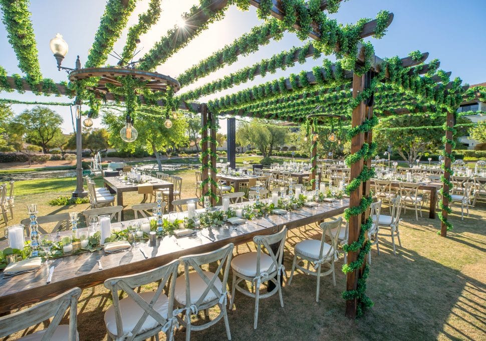 Outdoor desert garden event for upscale corporate dining event with vine wrapped trellis, industrial lighting and white and wood tables and chairs.